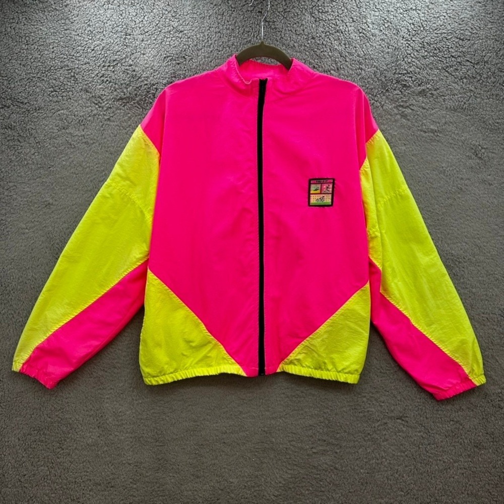 VTG Tri-Fit Men's Small Neon Pink Yellow Colorblock Windbreaker Jacket USA 80's